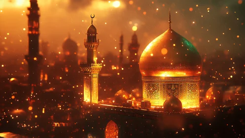 Golden domed skyline glows warmly against a soft night sky