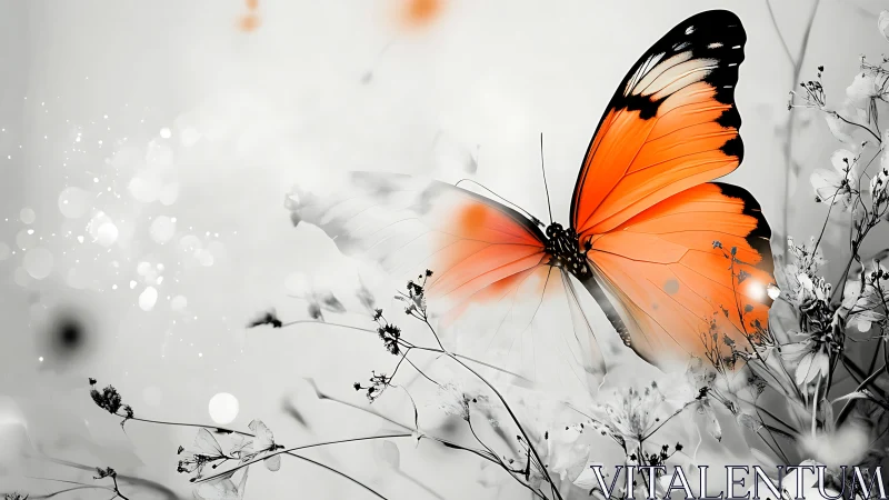 Orange butterfly on monochrome floral background in profile.