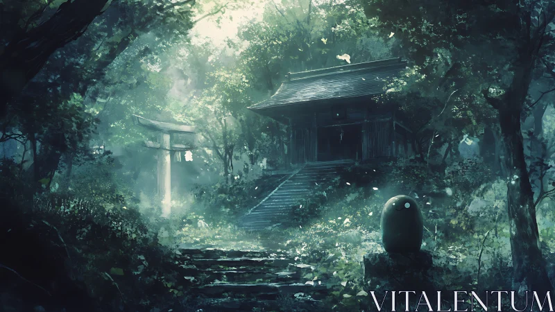 Forest shrine hush with glowing spirit guardian watching.