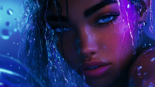 Hyperreal neon-lit wet portrait of woman in close-up profile