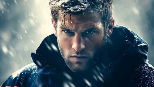Intense male portrait in blizzard with cinematic cold lighting.