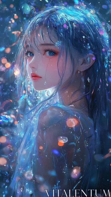 Rainlit dream girl wrapped in neon-water starlight hush.