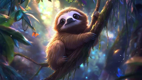 Gentle baby sloth basking in dreamy forest light.
