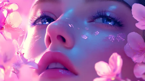 Iridescent portrait with neon blossoms and crystalline tears.