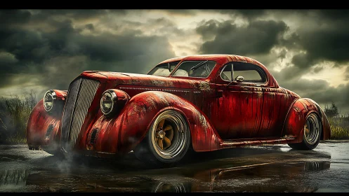 Weathered red hot rod coupe rendered with high dynamic contrast
