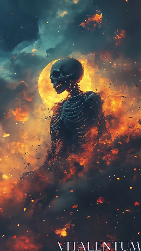 Skeleton silhouette stands in fire against a glowing moon