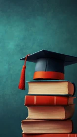 Graduation cap crowns stacked vintage books in teal space.