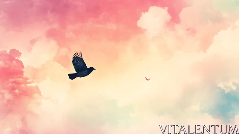 Silhouetted bird soars across pastel watercolor sky glow.