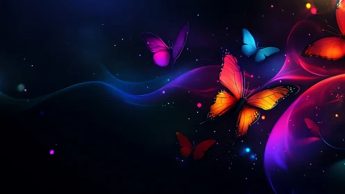 Neon butterflies over glowing abstract cosmic waves.