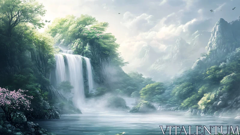 Gentle waterfall sanctuary in a misty mountain valley.