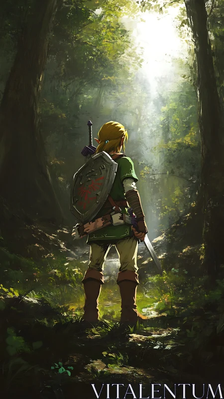 Lone fantasy hero stands in sunlit forest, ready for quest