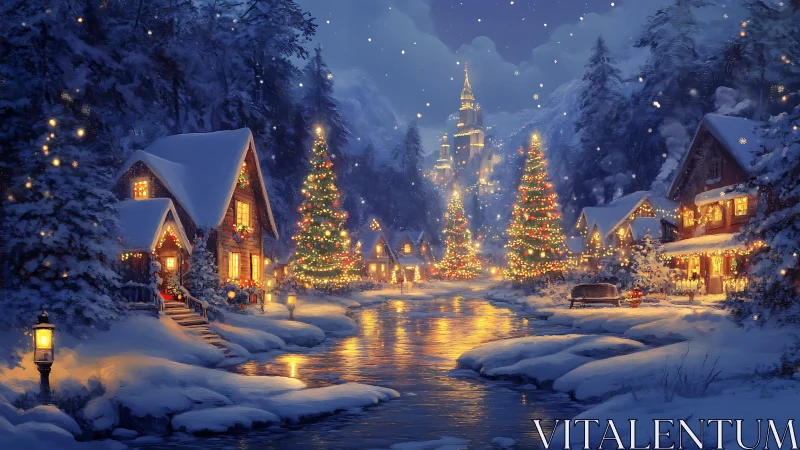 Snowy village glowing with cozy holiday lights at dusk.