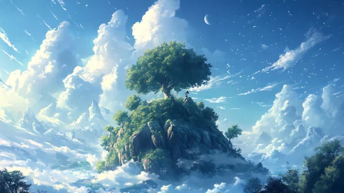 Floating Island Mountain Peak with Luminous Tree Crowning Clouds.