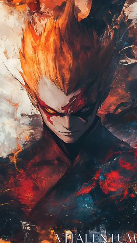 Blazing avenger amid fractured firestorm abstraction.