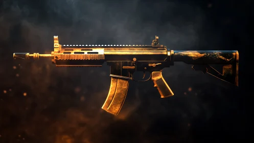 Gold-plated assault rifle render with cinematic volumetric haze.