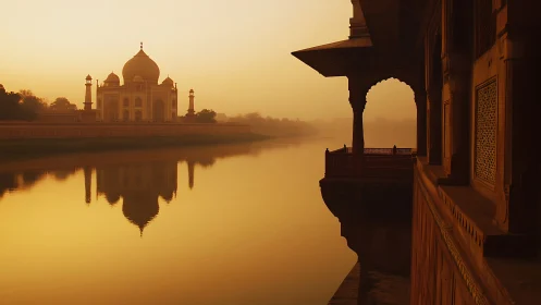 Golden river hush around a mist-veiled marble mausoleum.
