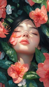 Female face surrounded by pink camellia flowers and leaves.