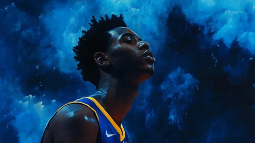 Basketball player portrait against abstract blue background.