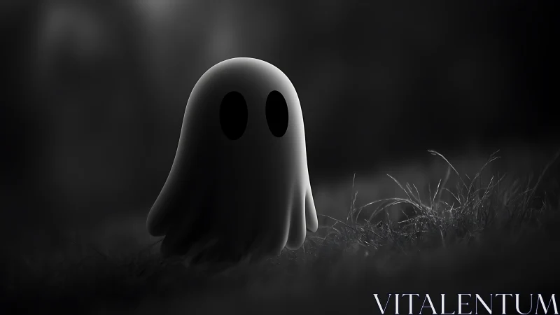 Lonely cartoon ghost glows softly in misty moonlit field.