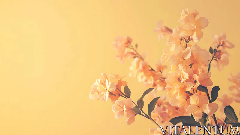 Soft peach flowers against warm yellow backdrop.
