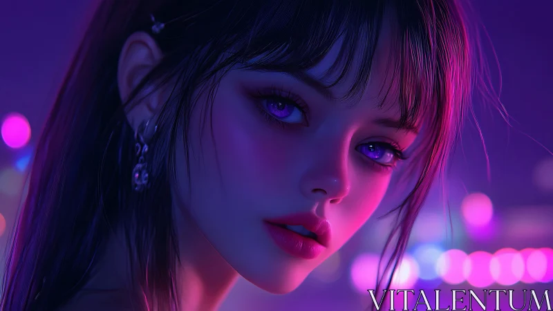 Neon rim-lit female portrait with soft bokeh and glossy shader