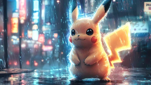 Bright little thunder friend glowing in a neon rainstorm.