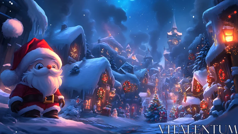 Nocturnal Christmas village tableau with stylized Santa avatar.