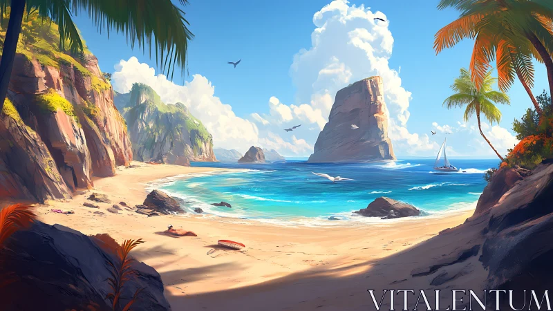 Coastal Paradise: Dramatic Geological Formation Beach Landscape Digital Art.