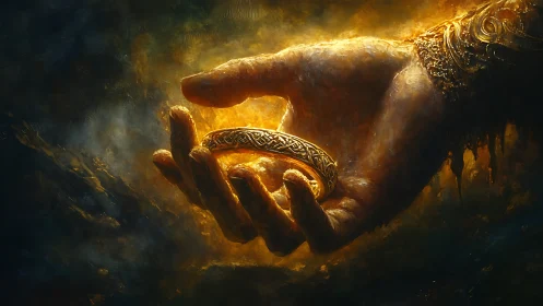 Glowing golden ring rests in an outstretched mystical hand