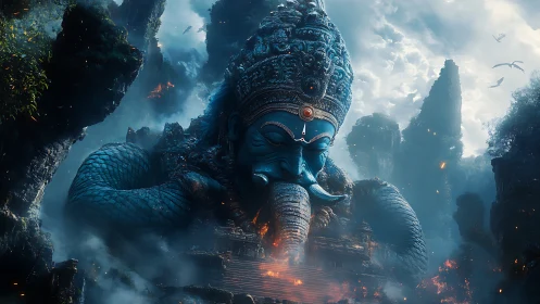 Colossal blue elephant deity rises calmly from ancient ruins