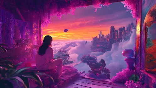 Solitary figure observing a neon sky city above cloud seas