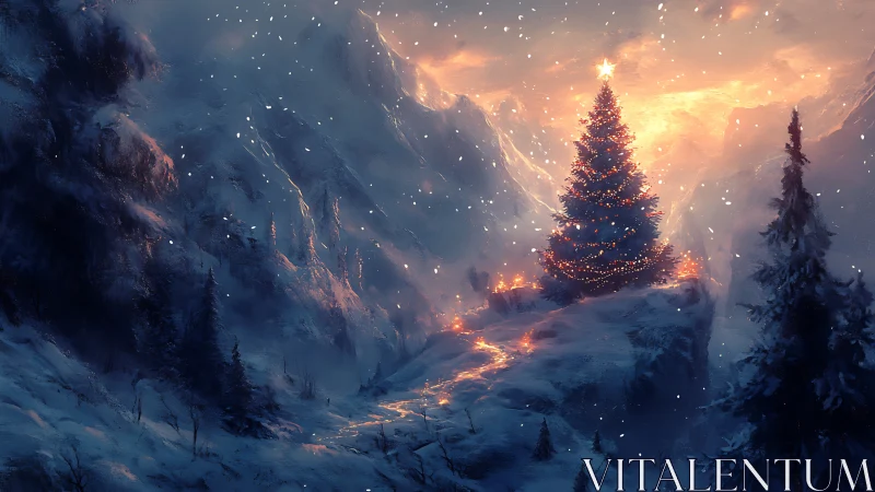 Star-crowned alpine Christmas tree ignites the snowy hush.