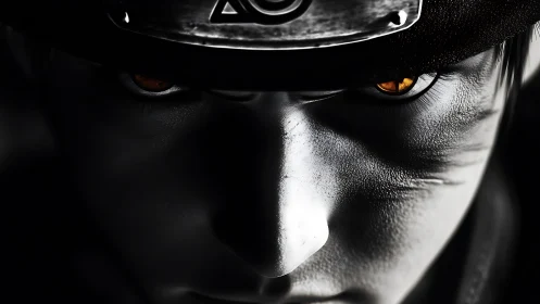 Close frontal view shows stylized face with metallic headband