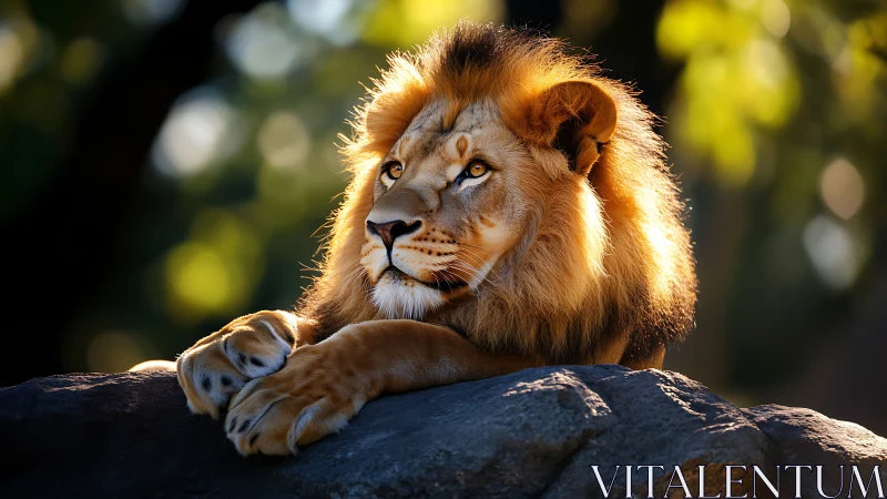 Golden-maned lion rests on rock in soft forest light.