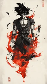 Ink-born warrior ignites in crimson storm of painted fury.