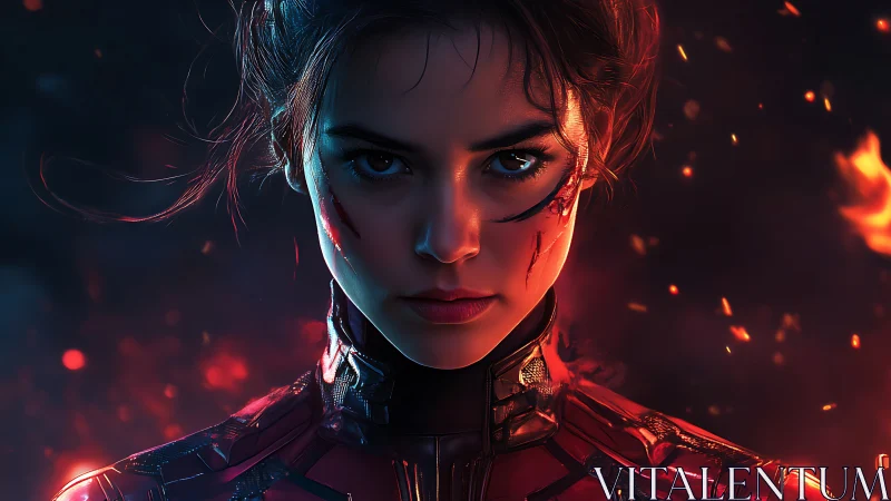 Battle-scarred cybernetic warrior rendered in high-detail bokeh fire