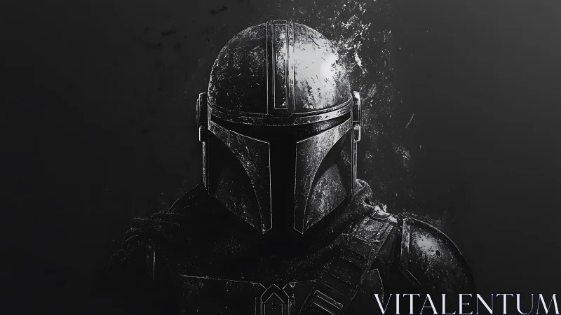 Monochrome armored warrior portrait in dramatic digital chiaroscuro.