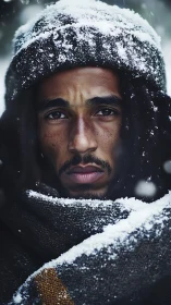 Close-range snowbound portrait with hyperreal facial detail.