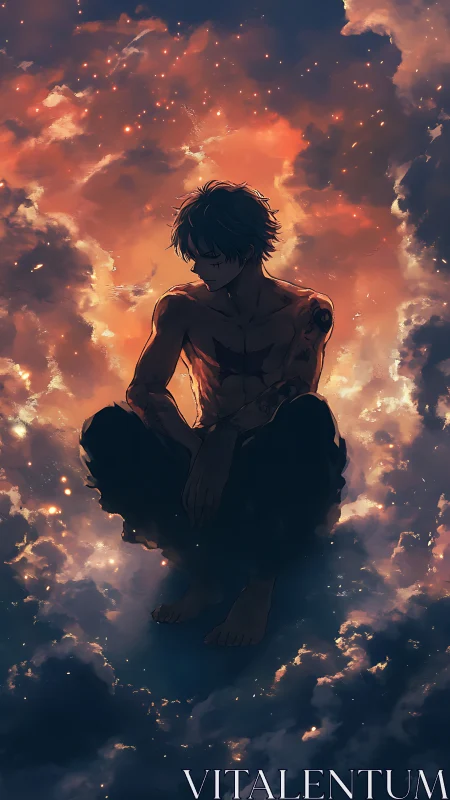 Atmospheric anime figure suspended in ember-lit cloudscape.