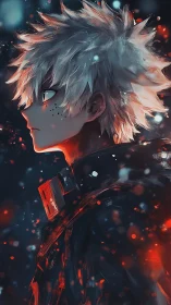 Side-lit anime portrait renders high-contrast ember atmosphere