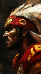 Warrior football portrait in red headdress and jersey 15.