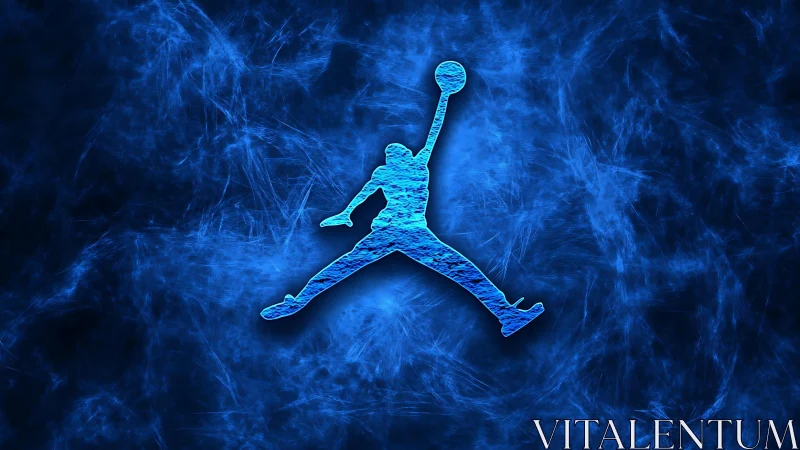Neon blue silhouette sports emblem on electric abstract field.