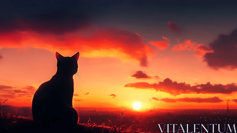 Sunset quiet with a curious cat on a glowing horizon.