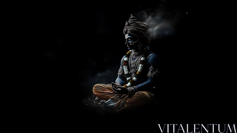 Divine blue deity meditates in glowing cosmic darkness