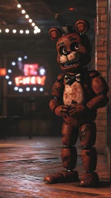 Rusty animatronic bear stands in dimly lit arcade hallway.