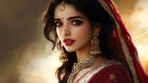 Golden dusk portrait of a regal woman in red silk robes.