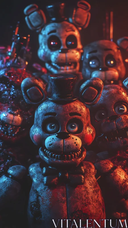 Rusted animatronic bear lineup under harsh neon lighting.