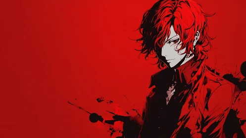 Scarlet‑haired anime loner framed by stark red void.