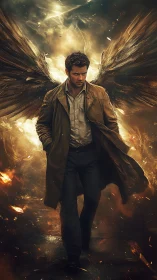 Winged male figure walks forward through lit debris field