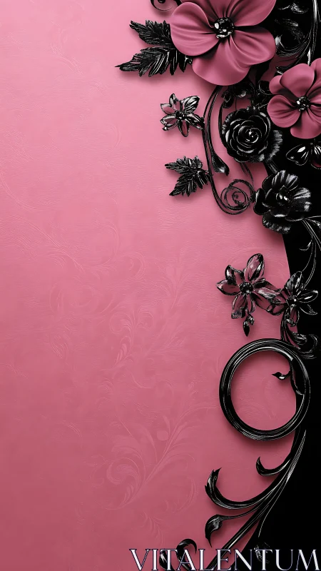 Black Metal Flowers Against Bright Pink Textured Background